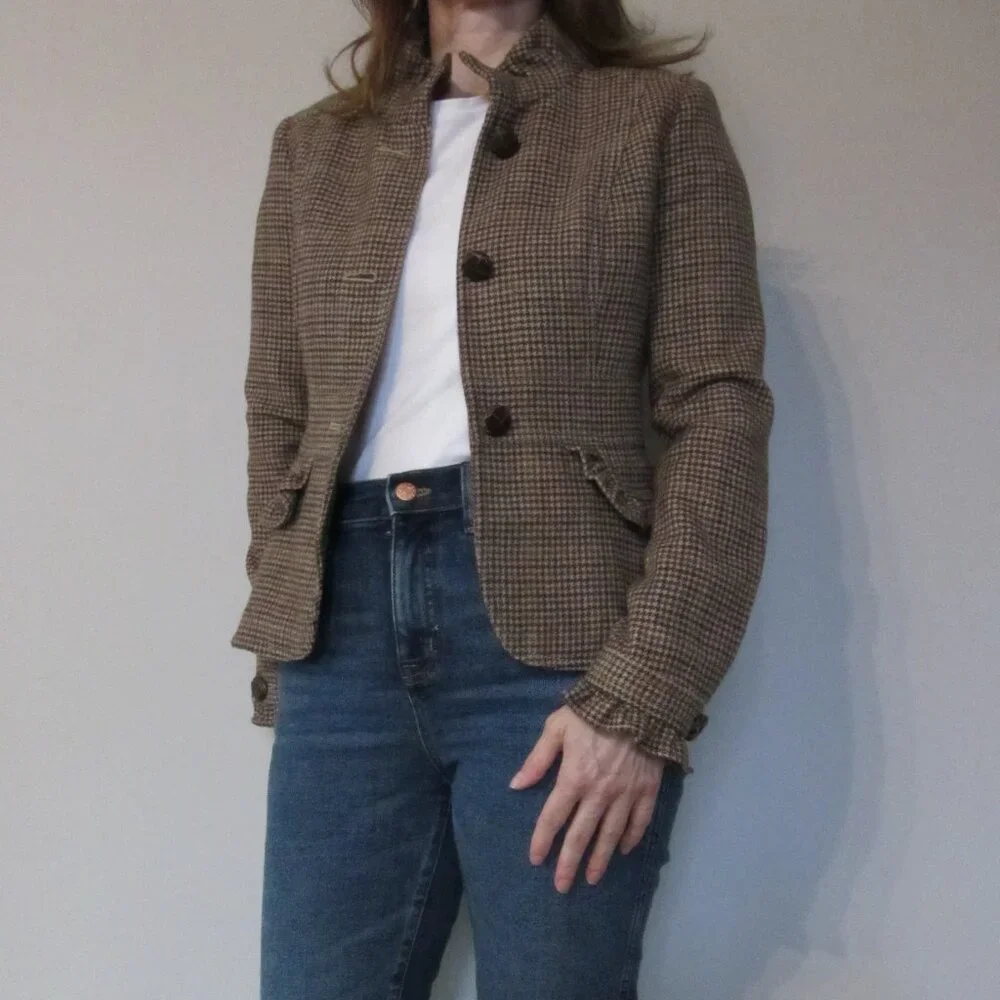 J Crew Blazer Womens Brown Wool Blend Houndstooth Jacket Ruffle - Picture 12 of 12